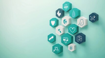 Abstract medical icons arranged in hexagonal shapes on a teal background representing healthcare concepts, treatments, and wellness solutions for stock imagery.