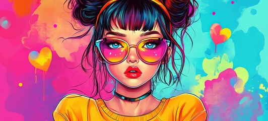 Obraz premium cartoon illustration pop art character design, pretty charming girl in bright tone color, two bun hairstyle 