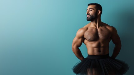 Strong performer in a black tutu poses confidently against a solid blue background with a striking expression