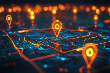GPS pin, glowing location marker, futuristic map, digital cartography, neon blue illumination, orange highlights, urban grid, technological landscape, depth of field, bokeh effect, navigation concept