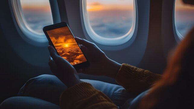 Fototapeta A passenger is seen scrolling on their smartphone as the airplane window provides a stunning backdrop of a colorful sunset sky and tranquil ocean landscape during the flight