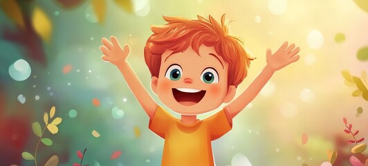 Fototapeta premium cartoon illustration of happy young boy jump in the air with hands spread 