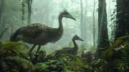 Large flightless birds forage among the dense ferns in a dark, humid, and misty primeval jungle.