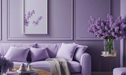 Lavender room, sofa, flowers, framed print, calm decor.