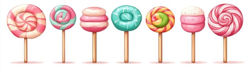 Colorful Assortment of Swirl Lollipops on Sticks Showing Variety in Design, Color, and Texture Perfect for Sweet Treats and Candy Themes in Illustrations