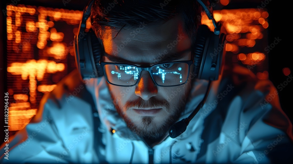 Poster double exposure image showcasing a hacker figure in the shadows behind a digital screen displaying d
