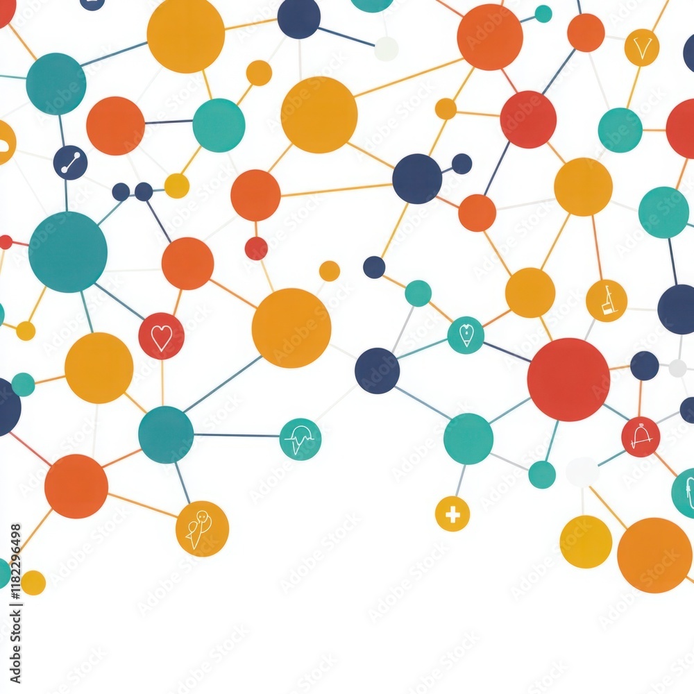 Poster abstract design featuring colorful nodes and lines representing interconnected ideas, concepts, or s