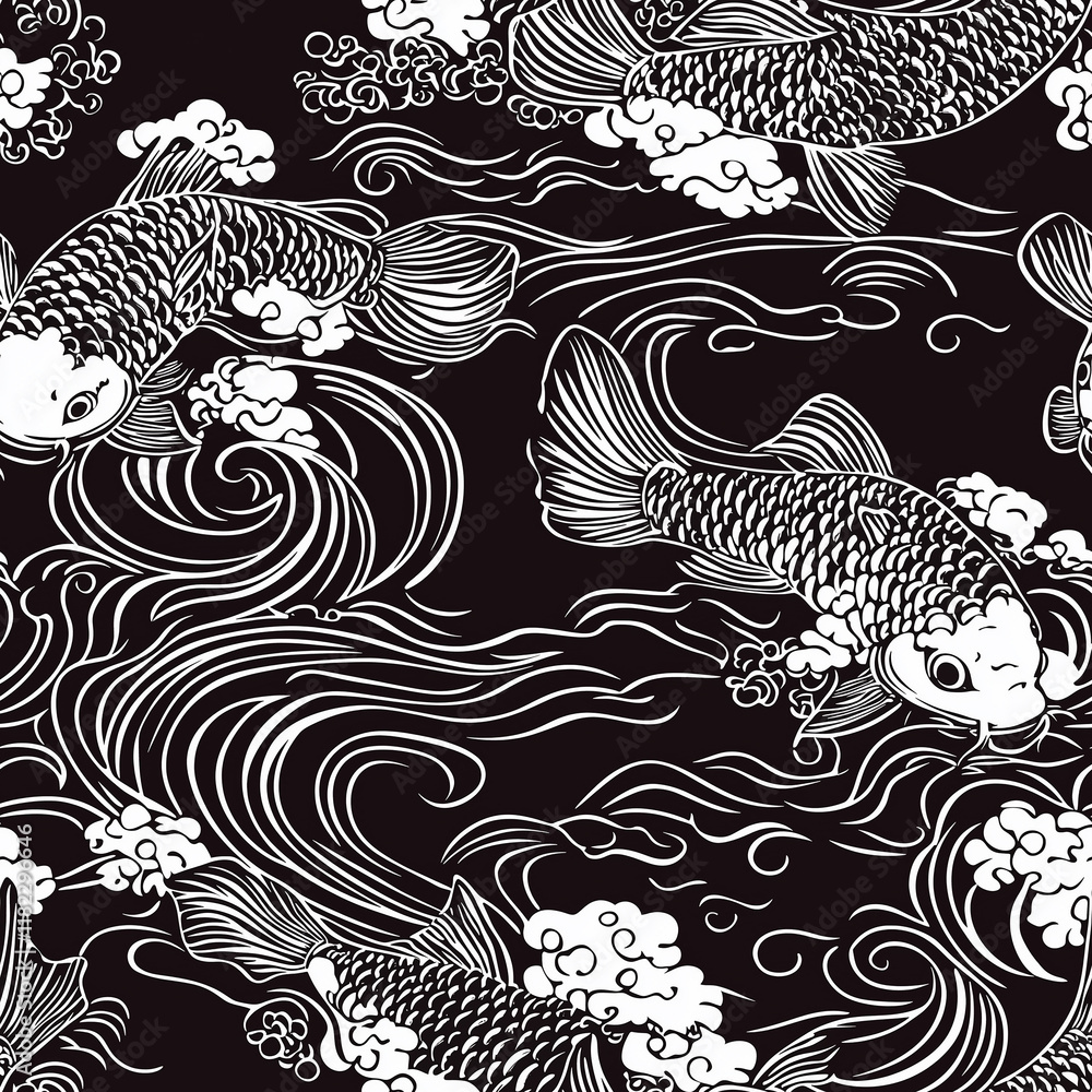 Aufkleber black and white pattern featuring koi fish swimming amidst stylized waves and clouds, creating a dyn