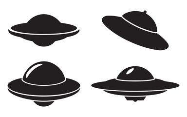 Four Simple Black Silhouette UFOs on a White Background