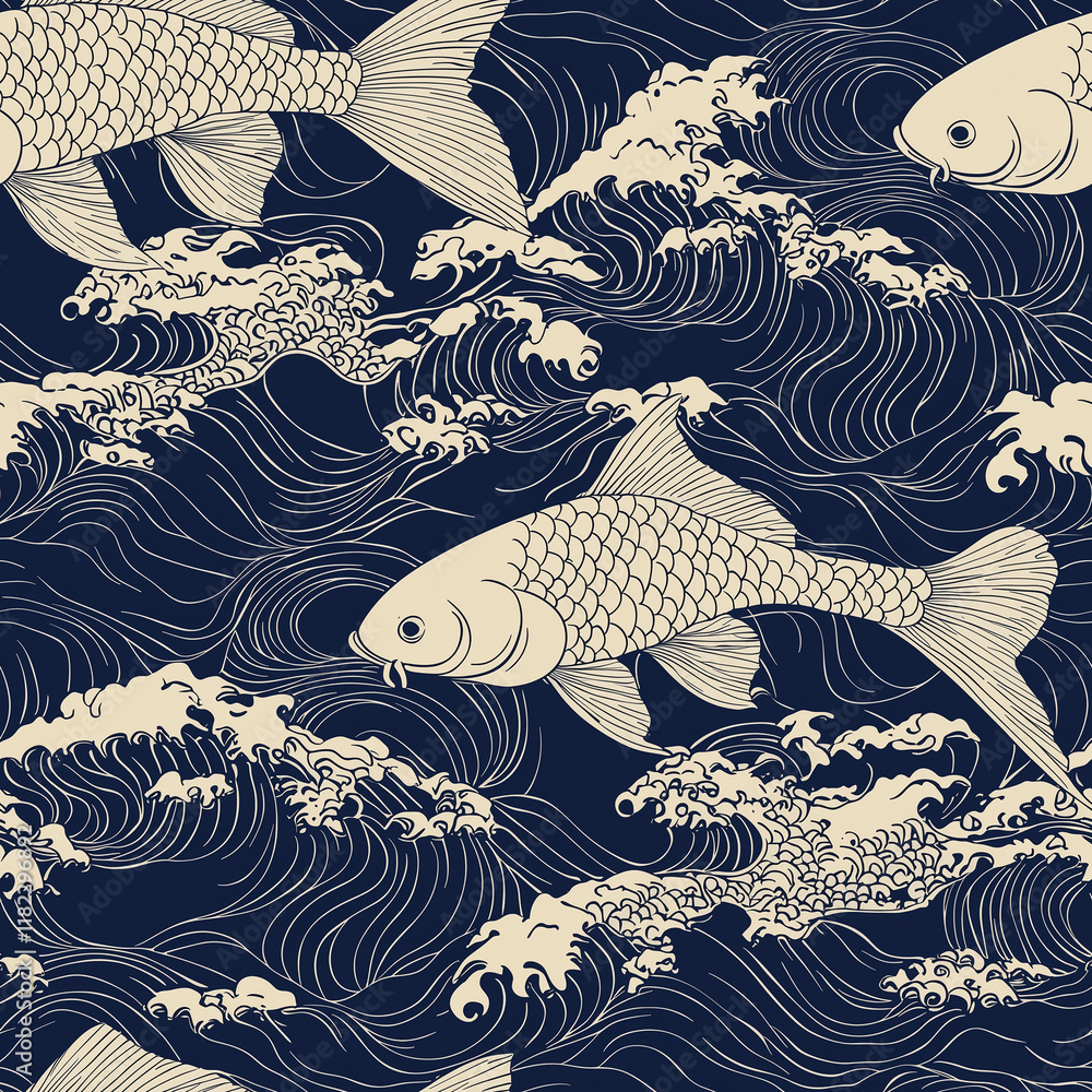 Aufkleber pattern featuring stylized fish swimming through waves, set against a dark background, creating a dy