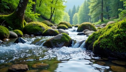 Serene water flows gently through mossy stones in a mountain stream, mountain, stream, peaceful