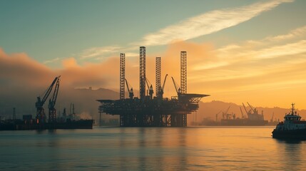 Oil drilling rig at sunset highlighting energy production and marine activities in coastal waters
