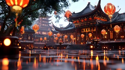 Fototapeta premium Traditional Chinese Courtyard, serene space adorned