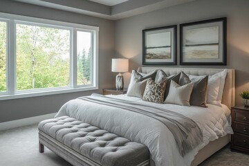 Fototapeta premium Neutral bedroom, large window, tufted bench, serene decor.