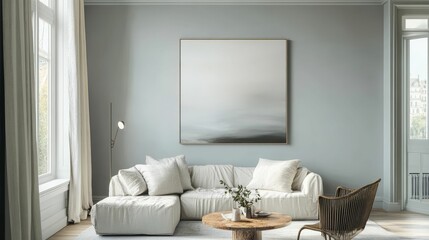 Light-toned room, sofa, artwork, wooden coffee table, chair.