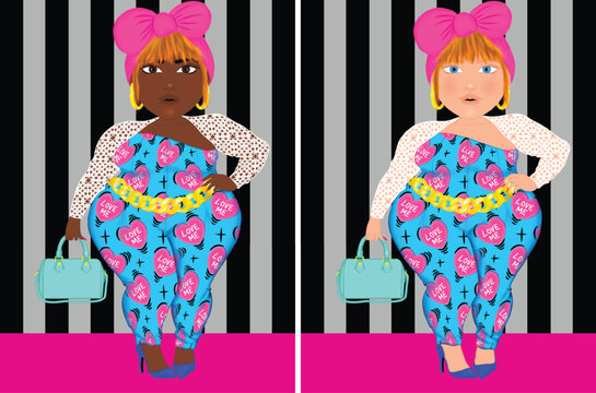 Fashion Doll wearing a body suit with a heart love me valentine's day print. The fashion Doll is also wearing a crochet shrug made of grany squares.