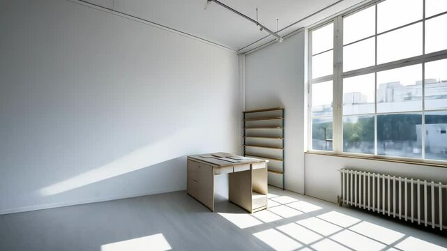 Bright office space featuring a desk, empty shelves, ample sunlight, and minimalist design elements creating an inviting atmosphere
