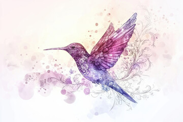 Colorful watercolor hummingbird with swirling patterns and floral elements