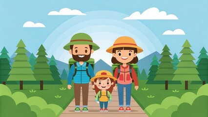 Fototapeta premium Family Enjoys a Hiking Adventure in a Scenic Forested Area With a Cheerful Atmosphere. Generative AI