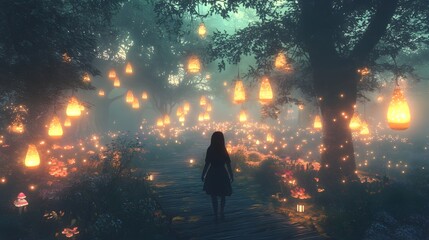 Fototapeta premium Whimsical Character Exploring Fantastical Enchanted Forest with Glowing Mushrooms and Floating Lanterns