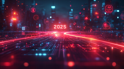 Glowing geometric path winding towards "2025" on the horizon, surrounded by floating icons of goals and achievements, soft gradient tones, bright lighting, contrast and smooth line