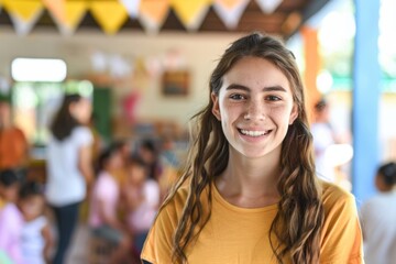 Portrait of a young Caucasian female volunteer at community center