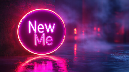 Minimalist glowing geometric rings dynamically spinning around the phrase "New Me", soft gradient tones, bright lighting, contrast and smooth lines