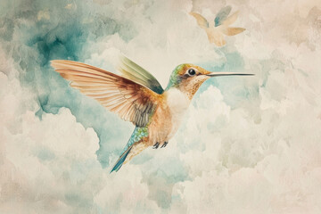 vibrant hummingbird in flight, surrounded by soft clouds and pastel colors