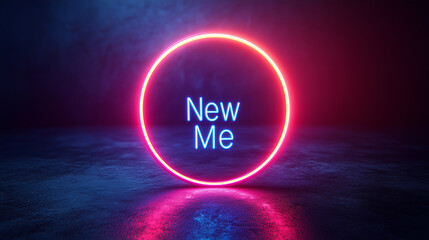 Minimalist glowing geometric rings dynamically spinning around the phrase "New Me", soft gradient tones, bright lighting, contrast and smooth lines