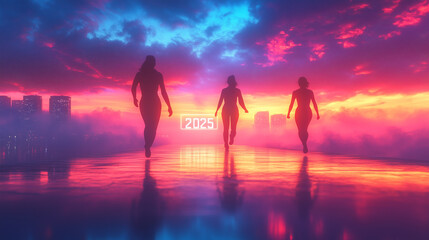 Naklejka premium Minimalist glowing platform with silhouettes running towards 