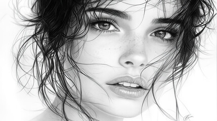 Naklejka premium Black and White Portrait of a Young Woman With Windblown Hair