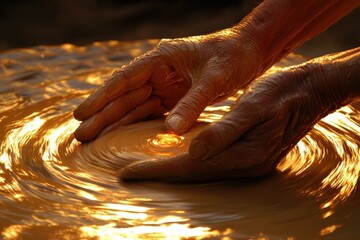 Hands shaping clay on a pottery wheel, illuminated by warm light.