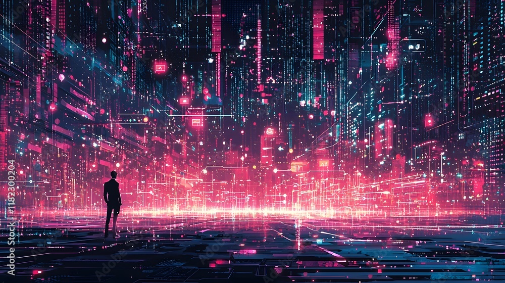 Poster a visually striking digital cityscape representing the transformative power of data analysis where r