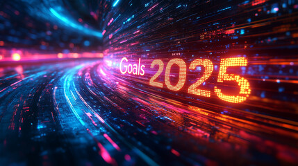 Glowing futuristic rings dynamically spinning around bright text "Goals 2025", dark gradient tones, bright lighting, contrast and smooth lines