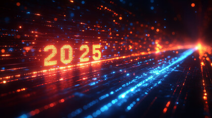 Abstract glowing arrows dynamically pointing forward towards "2025", dark background, bright lighting, contrast and smooth lines