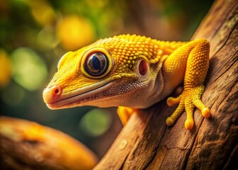 Vintage Close-Up of Yellow Gecko on Tree Branch - Reptile Stock Photo