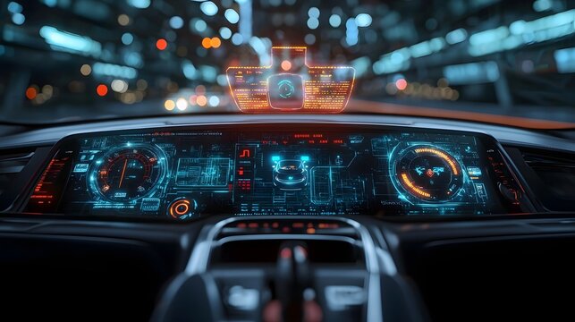 Futuristic holographic dashboard interface with glowing digital displays in the interior of a self driving autonomous taxi  This high tech control panel showcases advanced technology innovation