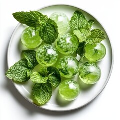 Obraz premium Delicate green mint spheres rest elegantly on a white plate, surrounded by fresh mint leaves. This vibrant display invites a refreshing tasting experience, showcasing nature's flavors