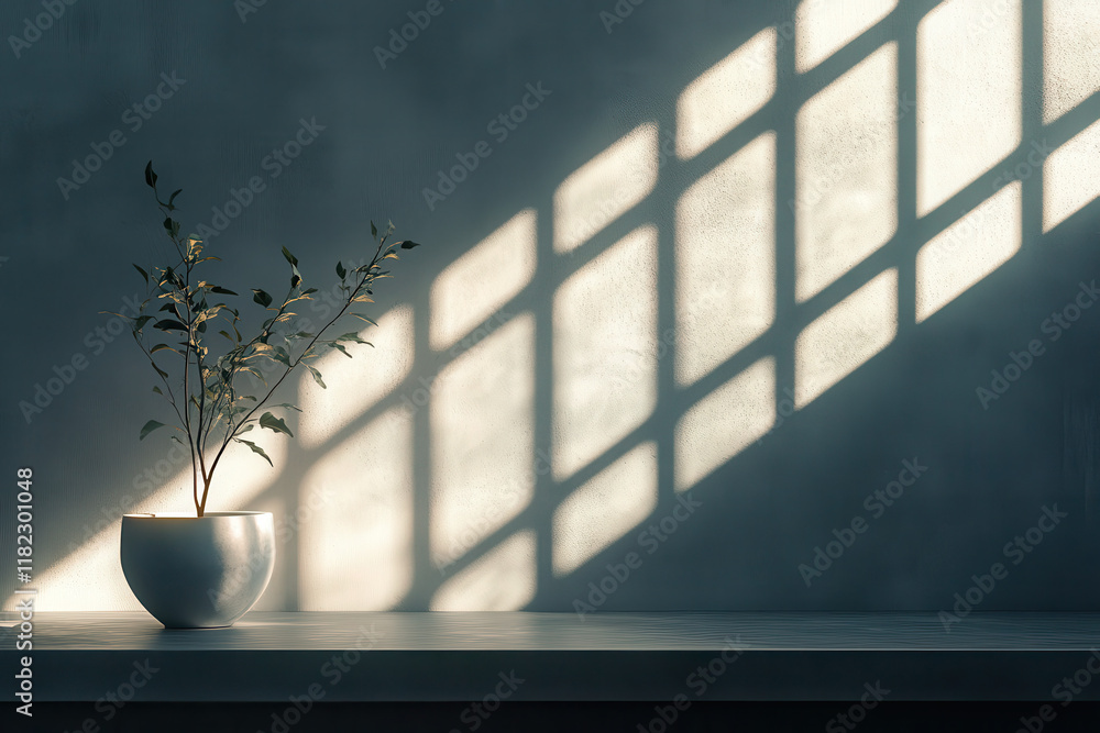 Poster A minimalist scene featuring a plant in a pot with shadows cast on a wall.