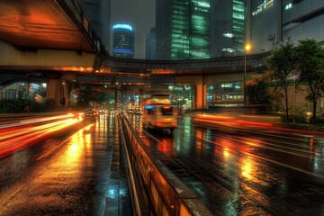 Dynamic night traffic on a rainy urban street with vibrant reflections and illuminated buildings