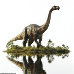 Obraz premium A dinosaur stands on a small island, reflected in still water, surrounded by greenery.