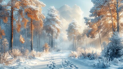 A Serene Winter Landscape Featuring Beautifully SnowCovered Trees with Footprints