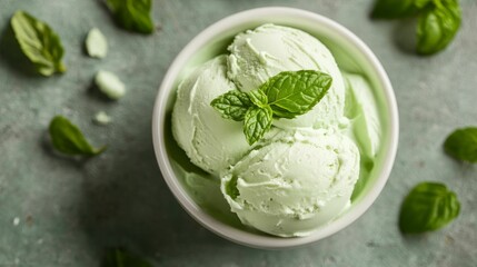 Obraz premium Pale green ice cream, mint garnish, bowl.