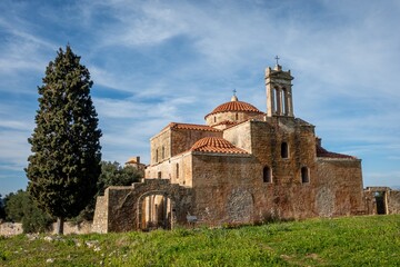 Fototapeta premium Pylos fortress Orthodox church. Golden hour. Peloponnese Peninsula. Greece