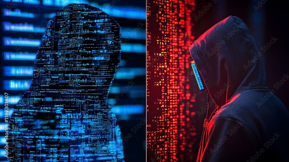 Poster composite image showcasing the contrast between big data analysis and the threat of cyber attacks hi