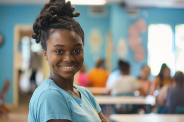 Fototapeta premium Portrait of a young African American female volunteer at community center