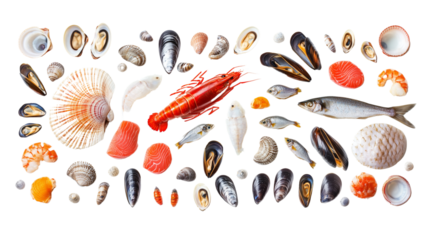 A set of assorted shellfish and small fish, including shrimp, sardines, and mussels isolated on transparent background (5)