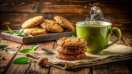 Vintage Cozy Break: Oatmeal Cookies & Green Tea - Stock Photo