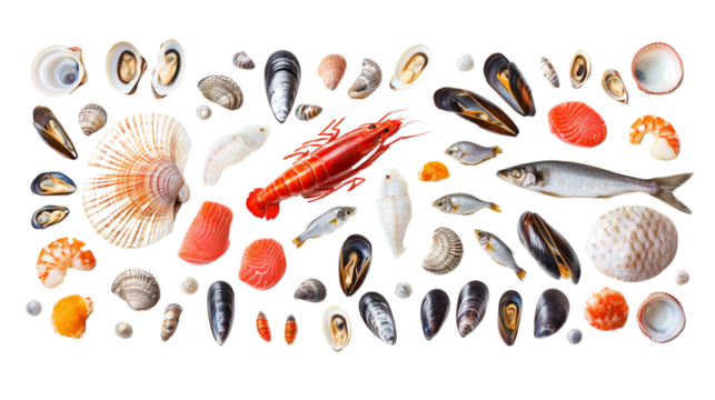 A set of assorted shellfish and small fish, including shrimp, sardines, and mussels isolated on transparent background (5)