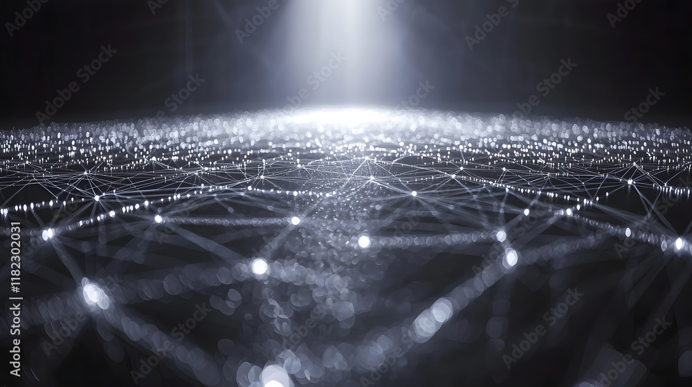 Poster abstract image showing a vast digital network of interconnected data points glowing against a dark b